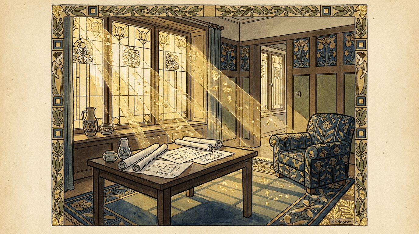 Secessionistisch gestaltetes Atelier mit Grundriss-Skizzen — synthetische Illustration